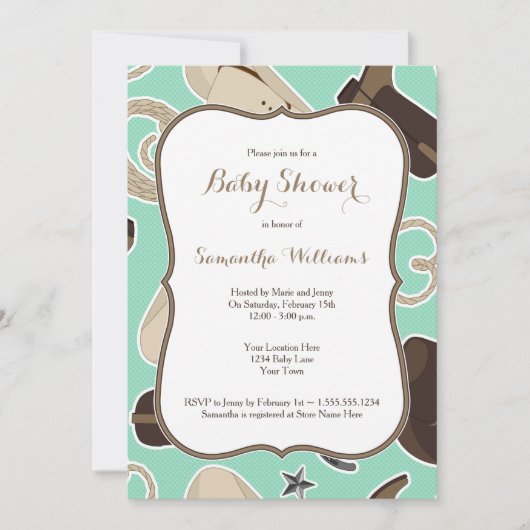 Cute Cowboy Theme Baby shower Invitation Mint Brow (Devant)