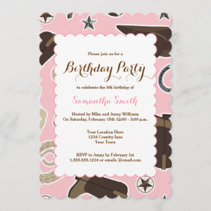 Cute Cowgirl Theme Pink Birthday Party Invitation Kaart