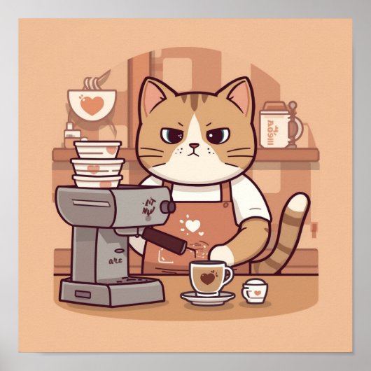 Cute Cozy Cartoon Barista Cat Poster (Voorkant)