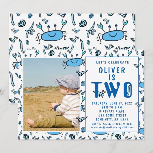 Cute Crab Zee Animals Shell Boy 2de verjaardag Kaart (Voorkant / Achterkant)