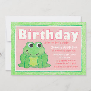 Cute Crayon Frog Little Girl's Birthday Invitation Kaart