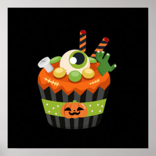 Cute & Creepy Halloween Cupcake met Big Eyeball Poster
