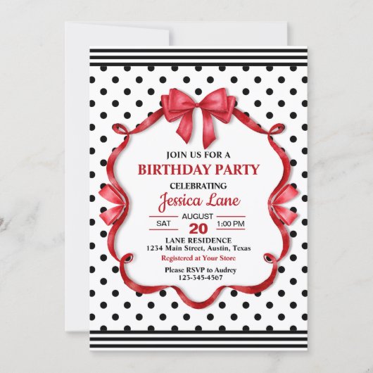 Cute Crimson Bow Birthday Invitation (Devant)