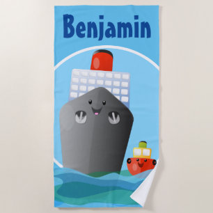 Cute cruiseschip sleepboot cartoonillustratie strandlaken