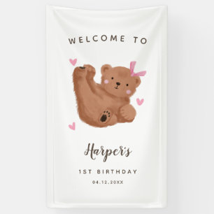 Cute Cub Beer Girl Birthday Party Welkom  Spandoek