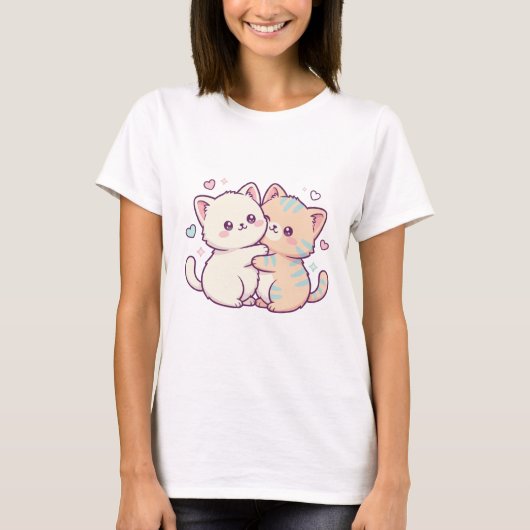 Cute Cuddling Kittens Hugging Hearts T-shirt (Voorkant)