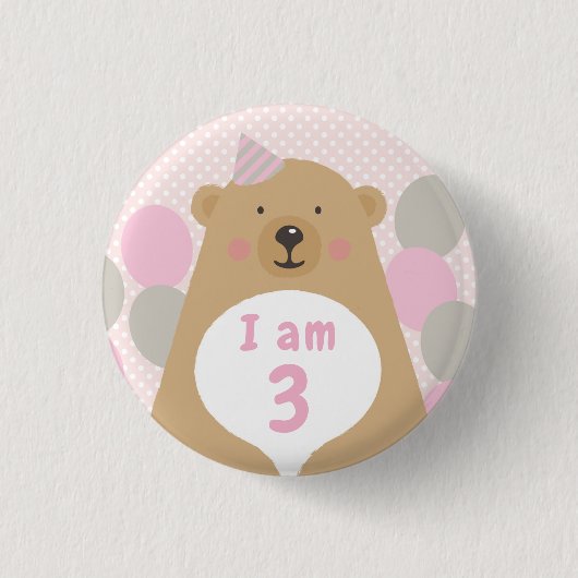 Cute Cudly Teddy Bear Birthday Age Badge Button (Voorkant)