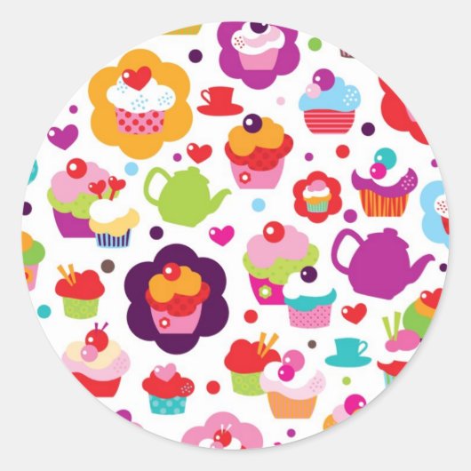 Cute cup cake en theepot ronde sticker (Voorkant)