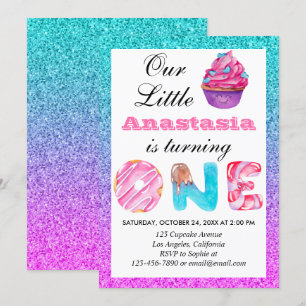 Cute Cupcake Blauwe Paarse Glitters 1e Verjaardag Kaart