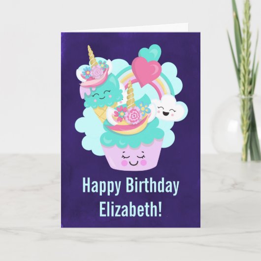 Cute Cupcake en Happy Ice Cream Birthday Kaart (Voorkant)