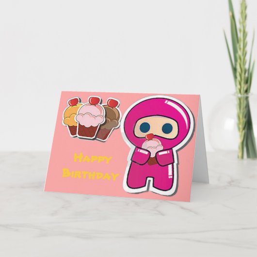 Cute Cupcake Ninja - Rose - Carte Anniversaire (Devant)