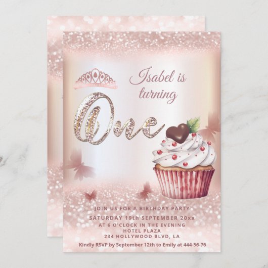 Cute Cupcake Roze gouden glinsterende vlinder tiar Kaart (Voorkant / Achterkant)