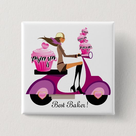 Cute Cupcake Scooter Girl Button Pink Zebra (Voorkant)