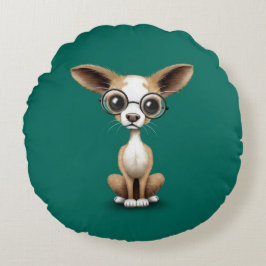Cute Curious Chihuahua Wearing Eye Glasses Blauwgr Rond Kussen