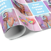 Cute Custom 3 Photo Modern Retro Blue Pattern Cadeaupapier (Rol Hoek)