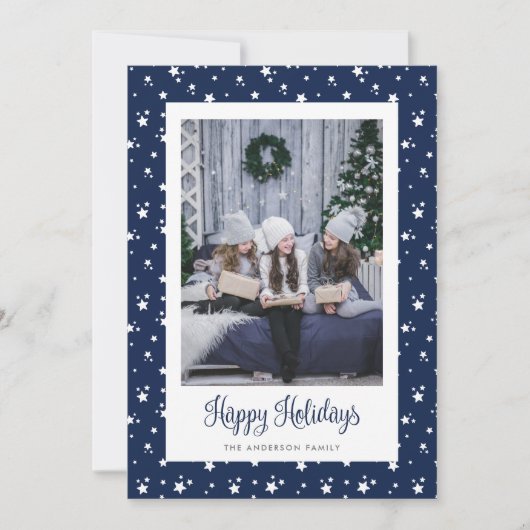 Cute Custom Blue Stars Photo Holiday Cards Feestdagenkaart (Voorkant)