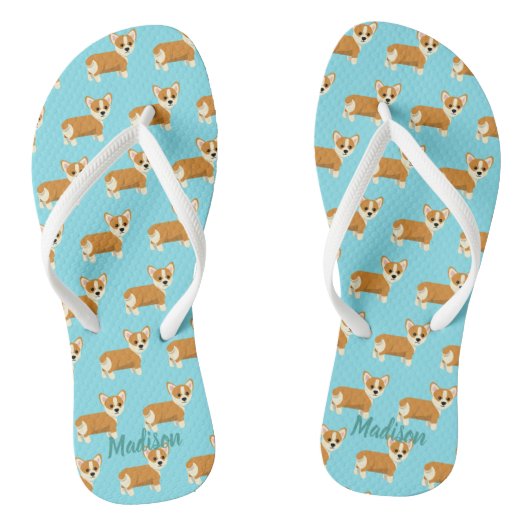 Cute Custom Corgi Blauwgroen Teenslippers (Voetbed)