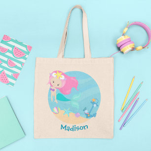Cute Custom Mermaid Pink Hair Beach Girl Tote Bag