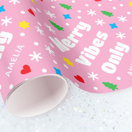 Cute Custom Name Holiday Retro Pink Christmas Cadeaupapier
