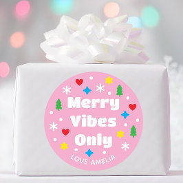 Cute Custom Name Holiday Retro Pink Christmas Ronde Sticker