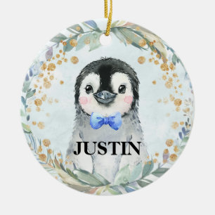 Cute Custom Name Waterverf Penguin Greenery Keramisch Ornament