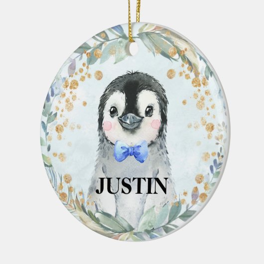 Cute Custom Name Waterverf Penguin Greenery Keramisch Ornament (Links)