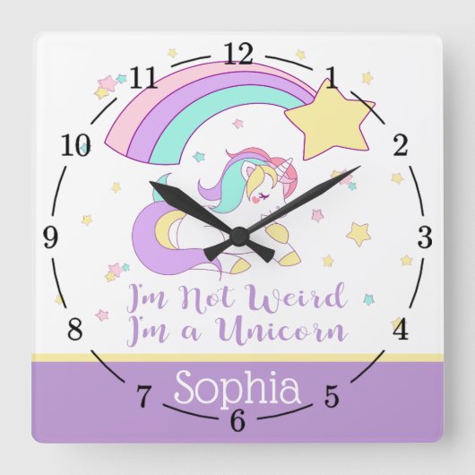 Cute Custom Personalized Magical Rainbow Unicorn Vierkante Klok (Voorkant)