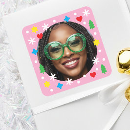 Cute Custom Photo Holiday Retro Pink Christmas Vierkante Sticker