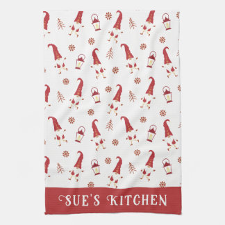 Cute Custom Red Kerstgnomen Kitchen Towel Theedoek