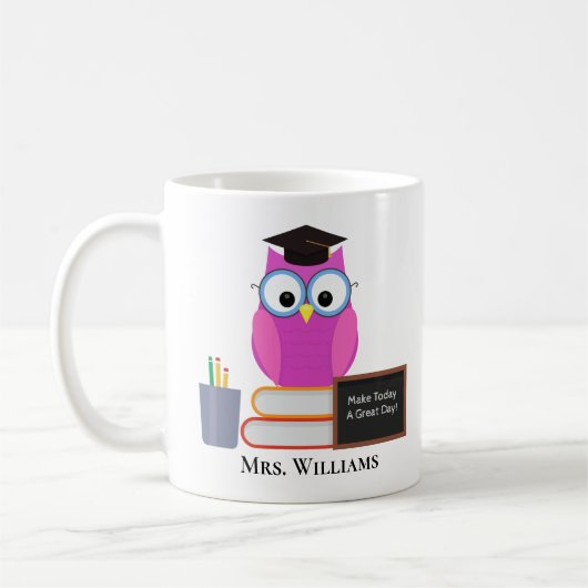 Cute Custom Teacher Pink Owl School Monogram Koffiemok (Links)