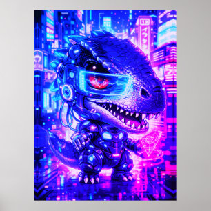 Cute Cyberpunk Dinosaur Neon City Chibi Muurkunst Poster