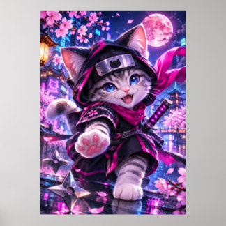 Cute Cyberpunk Ninja Cat Japanese Anime Poster