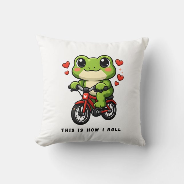 Cute Cycling Frog | Kawaii Frog Bicycle Art Kussen (Voorkant)