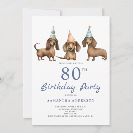 Cute Dachshund Dog 80th Birthday Party Invitation (Devant)
