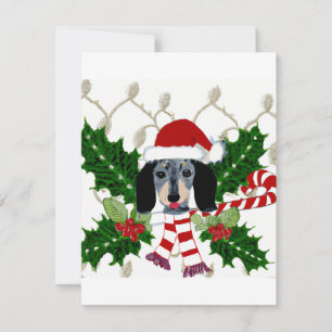 Cute Dachshund en Holly Wreath Kerstgroet Feestdagenkaart