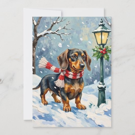 Cute Dachshund Puppy Cozy Winter Scarf Art Feestdagenkaart (Voorkant)