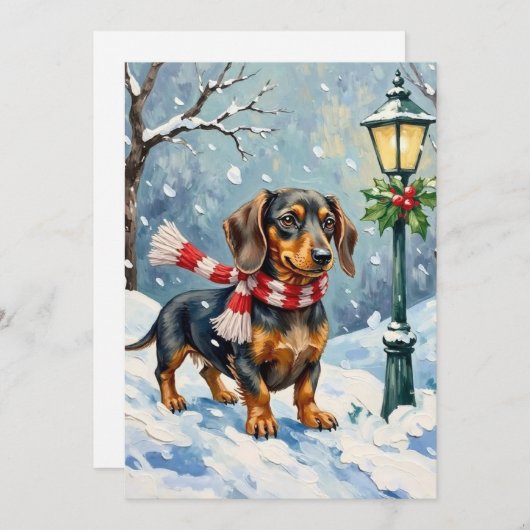 Cute Dachshund Puppy Cozy Winter Scarf Art Feestdagenkaart (Voorkant / Achterkant)