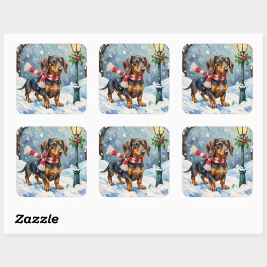 Cute Dachshund Puppy Cozy Winter Scarf Art Vierkante Sticker (Vel)