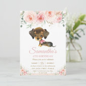 Cute Dachshund Puppy Dog Pink Floral Girl Birthday Kaart (Staand voorkant)