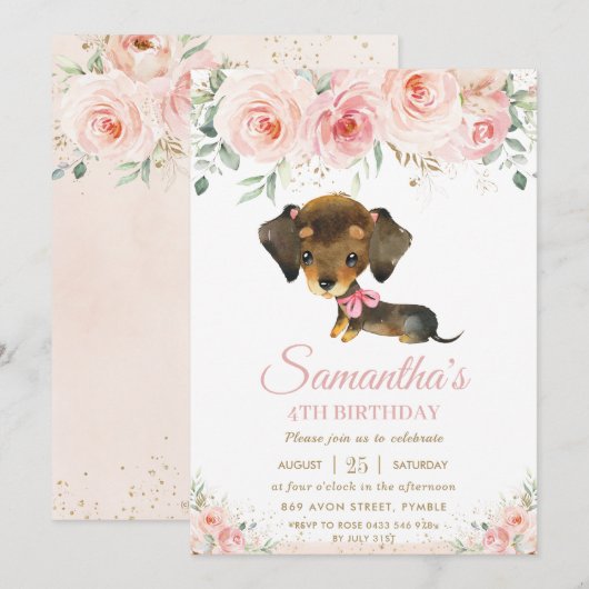Cute Dachshund Puppy Dog Pink Floral Girl Birthday Kaart (Voorkant / Achterkant)
