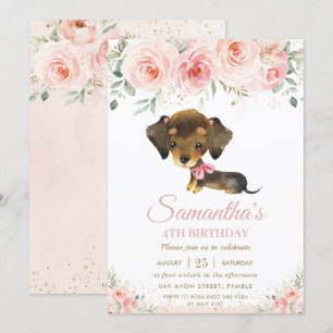Cute Dachshund Puppy Dog Pink Floral Girl Birthday Kaart