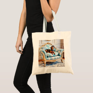 Cute Dachshund Sausage Dog op Armchair met Monogra Tote Bag