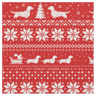 Cute Dachshunds with Kerstfeestay Red Pattern Stof