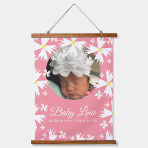 Cute Daisy Bloemen Rand Foto Baby Aankondiging Hangend Wandkleed