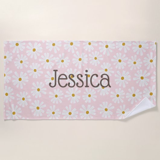 Cute Daisy Patter Nom Personnalisé Plage Serviette (Devant)