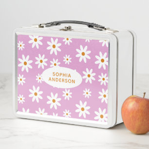 Cute Daisy Pattern on Lila Metal Lunch Box