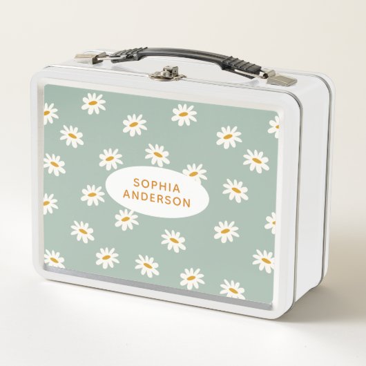 Cute Daisy Pattern on Sage Metal Lunch Box (Voorkant)