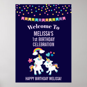 Cute Dancing Unicorns Magical Rainbow Birthday Poster