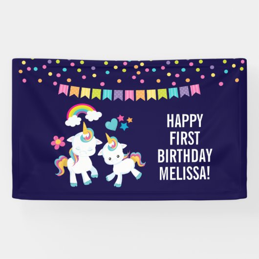 Cute Dancing Unicorns Magical Rainbow Birthday Spandoek (Horizontaal)