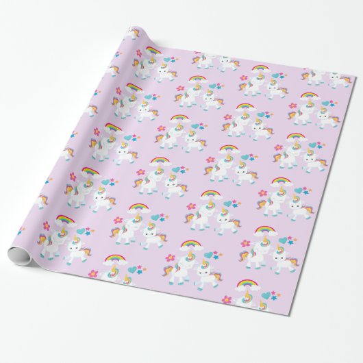 Cute Dancing Unicorns Magical Rainbow Pattern Cadeaupapier (Uitgerold)